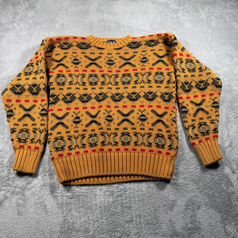 Vtg Gap Chunky Knit Sweater Women Medium Orange Geometric Fair Isle Halloween 90